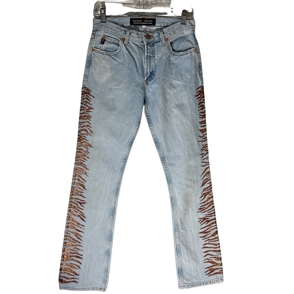 Vintage Guess Y2K Light Wash Metallic Gold Tiger Stripes Straight Leg Jeans - Picture 1 of 11